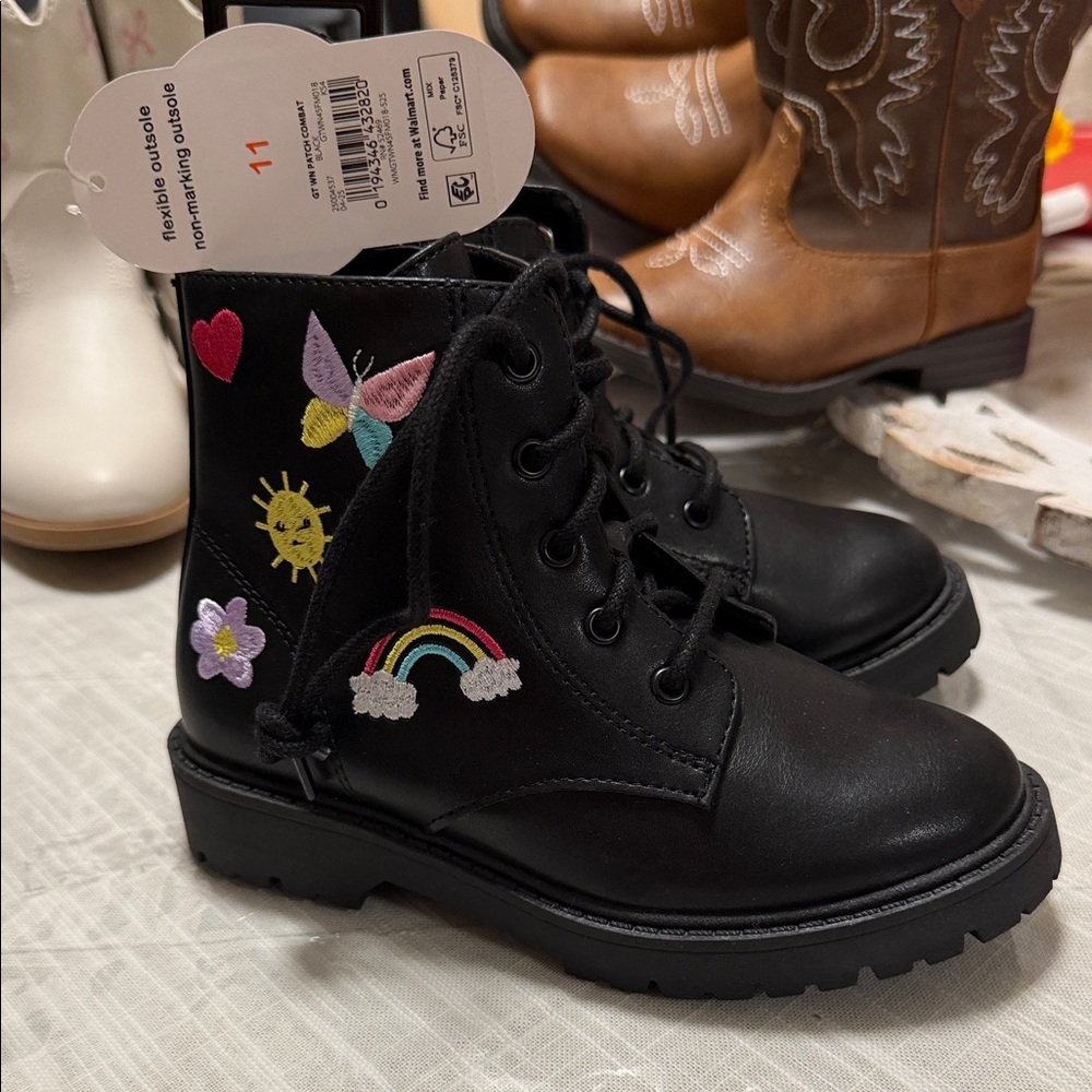 Wonder Nation Black Kids Boots with Colorful Embroidery